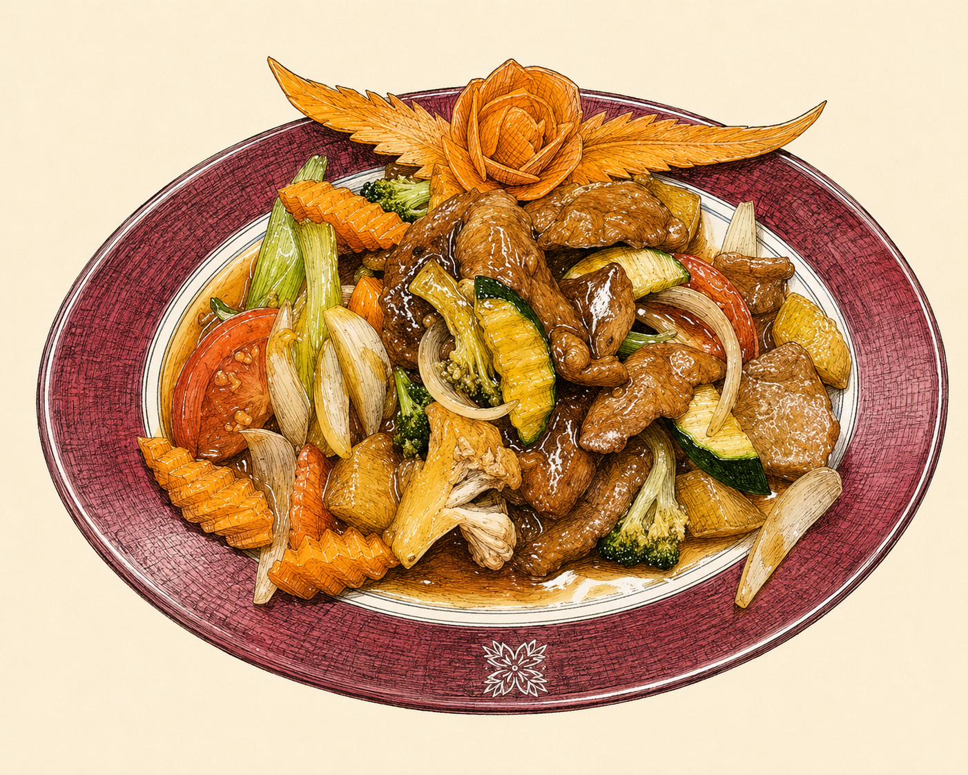 Illustrated mixed vegetable stir-fry