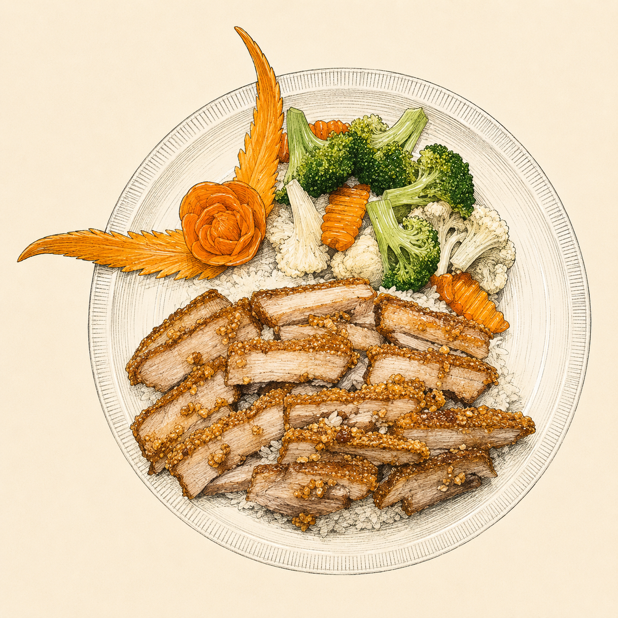 Illustrated sliced pork and vegetables